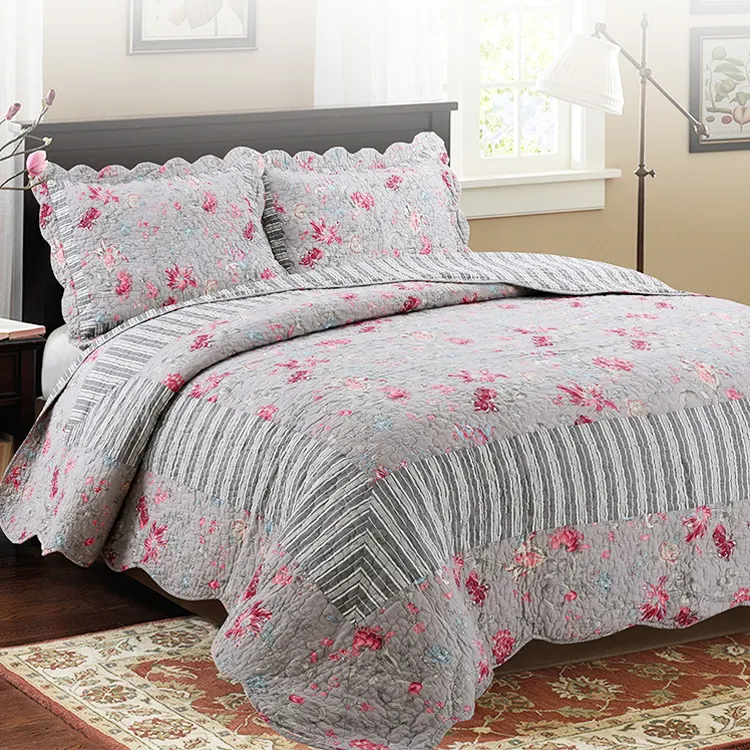 MH 100% Cotton Soft washing King Size Patchwork Floral summer Quilt & Bedding Set