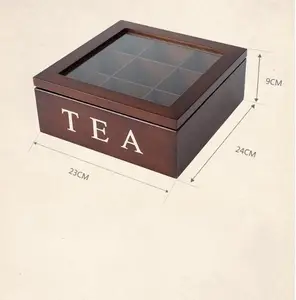 Brown color pine wooden tea box with glass lid