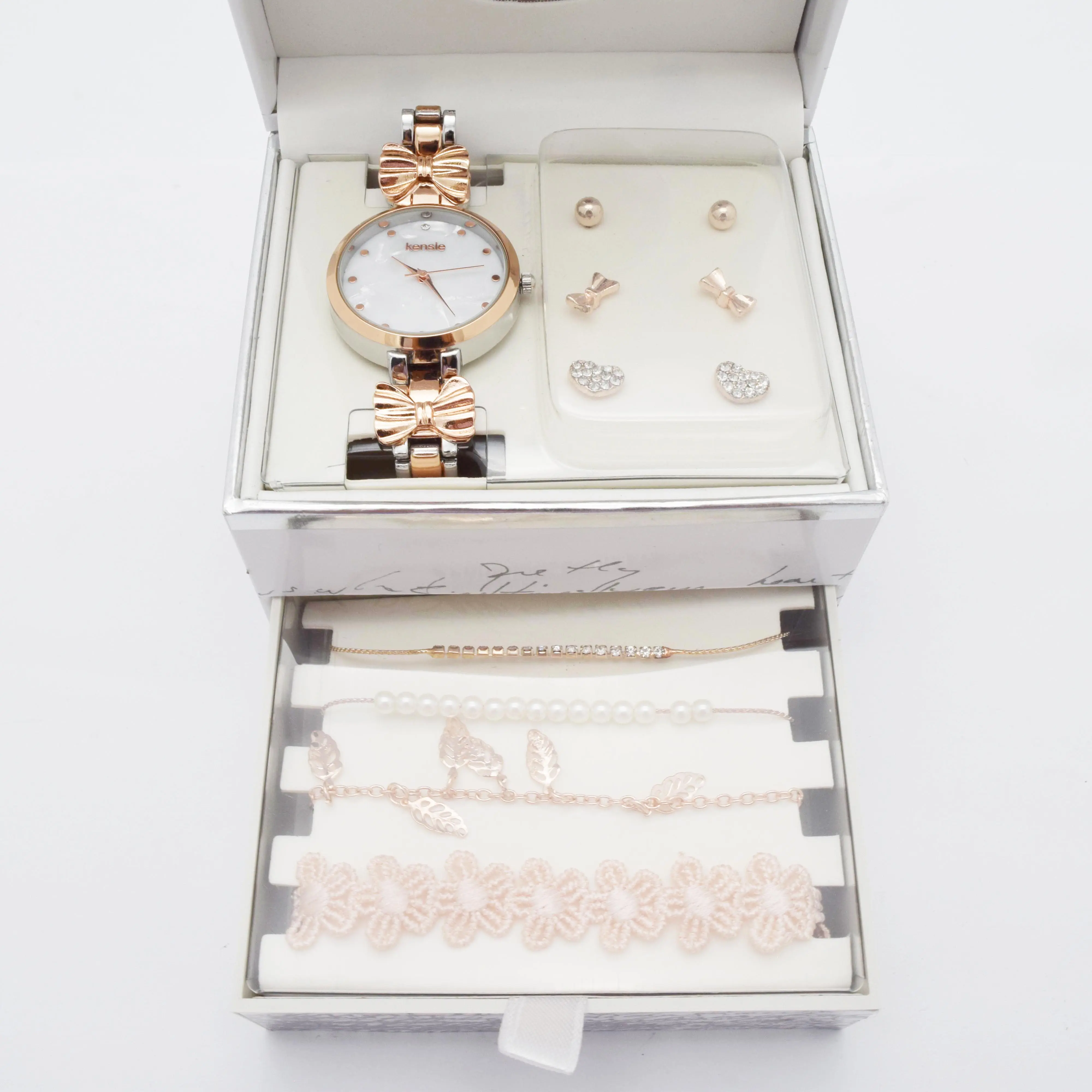 Relógio de pulseira de diamantes de liga, com joias, conjuntos de presente para mulheres com caixa requintada, brinco
