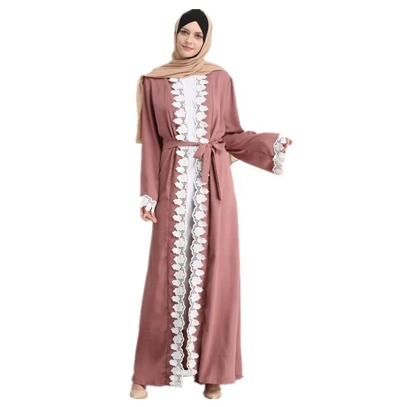 Hot sale islamic maxi long sleeve muslim lace trim pink kimono dubai open abaya