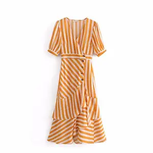 Short Sleeve Dresses Guangzhou Skirt Factory Pleated Waist Chiffon Chinese Vintage Deep V-Neck Striped Dress