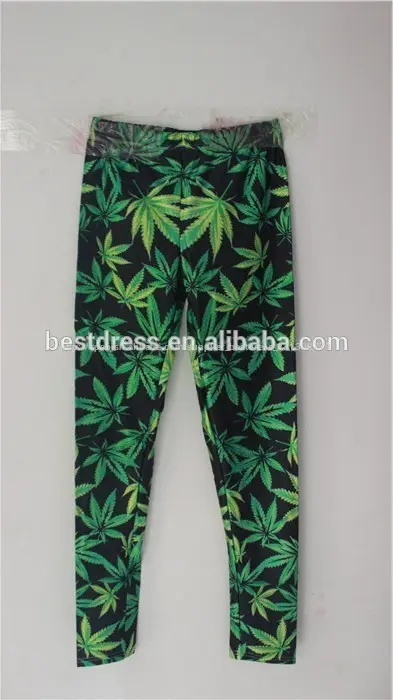 chic 2014 diseño hiphop las mujeres hierba verde de la hoja de arce de marihuana de impresión medias calzas pantalones