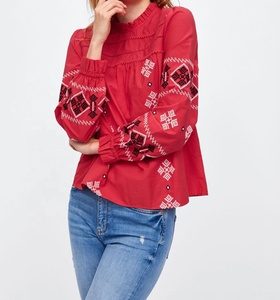 New Model Women Ethnic Design Floral Embroidery Breathable Cotton Vintage Style <strong>Red</strong> <strong>Long</strong> <strong>Sleeve</strong> <strong>Tops</strong> - Product Image 1