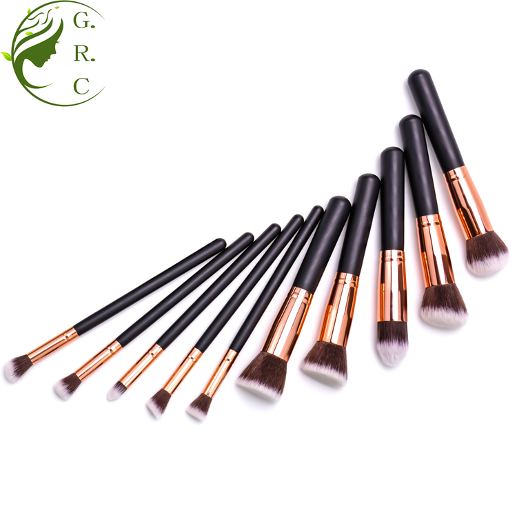 Negro y oro moq bajo con el bolso de mango de madera regalo personalizado de etiqueta privada 10 pcs pinsel pinceles de maquillaje hacer maquillaje cepillo conjunto