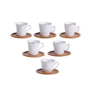 Seramik fincan seti özel kullanımlık kabartmalı porselen bambu tabaklar beyaz espresso kahve kap seti