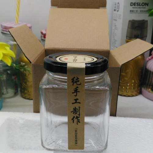 Clear empty food storage glass jar polygon glass jar with screw lid square glass food jar