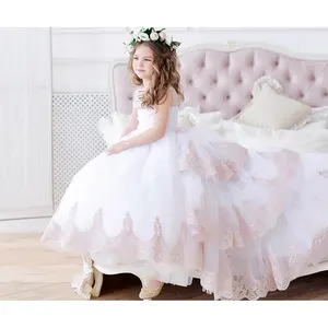 Lovely Hot Saling Custom Flower Girl Ball Gown Sweep Train With Tiered WF033