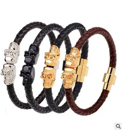 Mode Groothandel Sieraden Rvs Skull Gevlochten Armbanden Magnetische Gesp Heren Lederen Armband