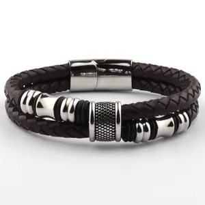 Disegni classici all'ingrosso di lusso da uomo magnetico in acciaio inossidabile braccialetti in pelle con ciondoli in pelle produttore di braccialetti di lusso in pelle