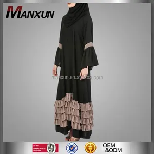 China OEM Supplier Muslim Women Ruffle Hem Black Abaya Long Sleeves Maxi Dress