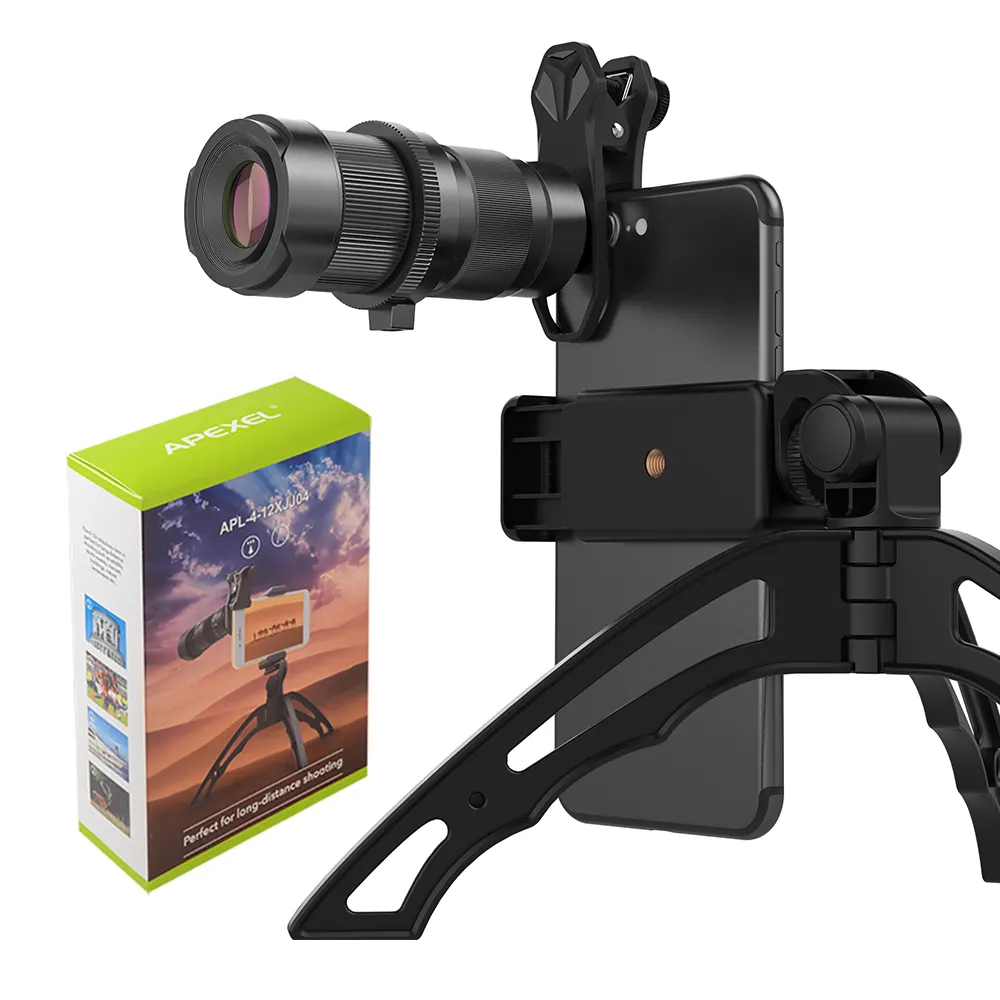 Apexel al por mayor cámara lente del telescopio para smartphone de metal oem clip HD 4-12x zoom lente teleobjetivo