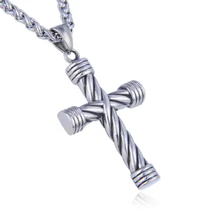 Fashion Jewellery Necklace Twisted Silver Stainless Steel Cross Charm Pendants For Men
