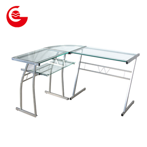 L shape metal frame tempered glass office computer table