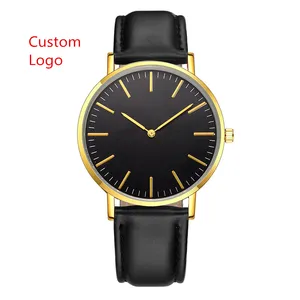 Reloj negro y dorado con logotipo de mi marca para hombre, relojes estampados personalizados, reloj de movimiento de cuarzo ultrafino de cuero barato para hombre