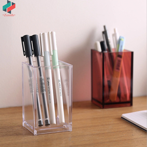 ZNS00002 Clear Plastic Acrylic Desktop Stationery Organizer Office Use Square Pencil  Ruler Pen Cup Holder