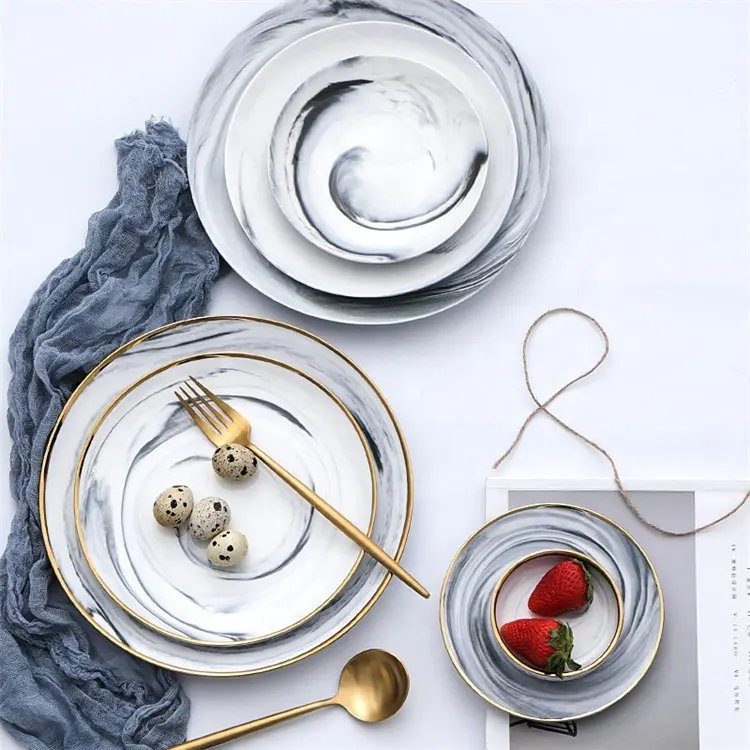 Platos de cerámica para comida, Serie de mármol elegante, plato redondo para fiesta