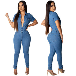 Tuta 2021 moda <span class=keywords><strong>donna</strong></span> con scollo a V <span class=keywords><strong>Slim</strong></span> <span class=keywords><strong>Fit</strong></span> Jeans in Denim con <span class=keywords><strong>pantaloni</strong></span> a matita a metà vita Skinny per l'estate - Product Image 1