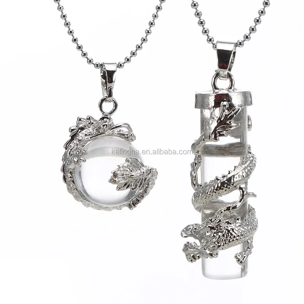 Healing Point Silver Dragon Wrapped Round Ball+ Cylinder Clear Quartz Crystal Necklace Pendant