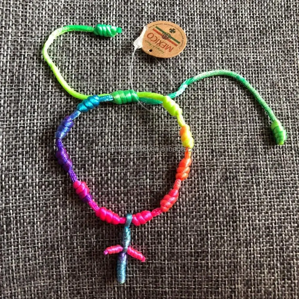 Bracelet d'adulte couleur arc-en-ciel, méditation Bracelet en corde naturelle, éléments de bicyclette, perles de chapelet, cordon noué