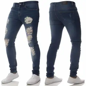 China Fabrik Großhandel maßge schneidert hohe Qualität blaue Hose Jeans Herren zerrissene dünne Jeans