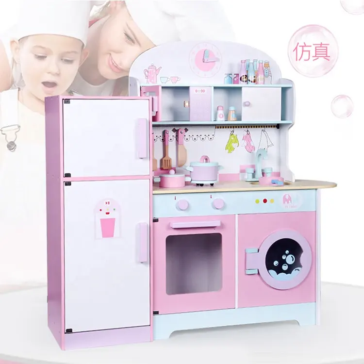 Personalizzato rosa di legno di grandi dimensioni pretend gioca giocattoli educativi di legno da cucina frigorifero giocattolo per le ragazze