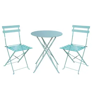 Slatted 3 Piece आउटडोर Patio फर्नीचर सेट बिस्ट्रो सेट स्टील सुरक्षित ताला के साथ तह मेज और कुर्सी सेट - Product Image 1