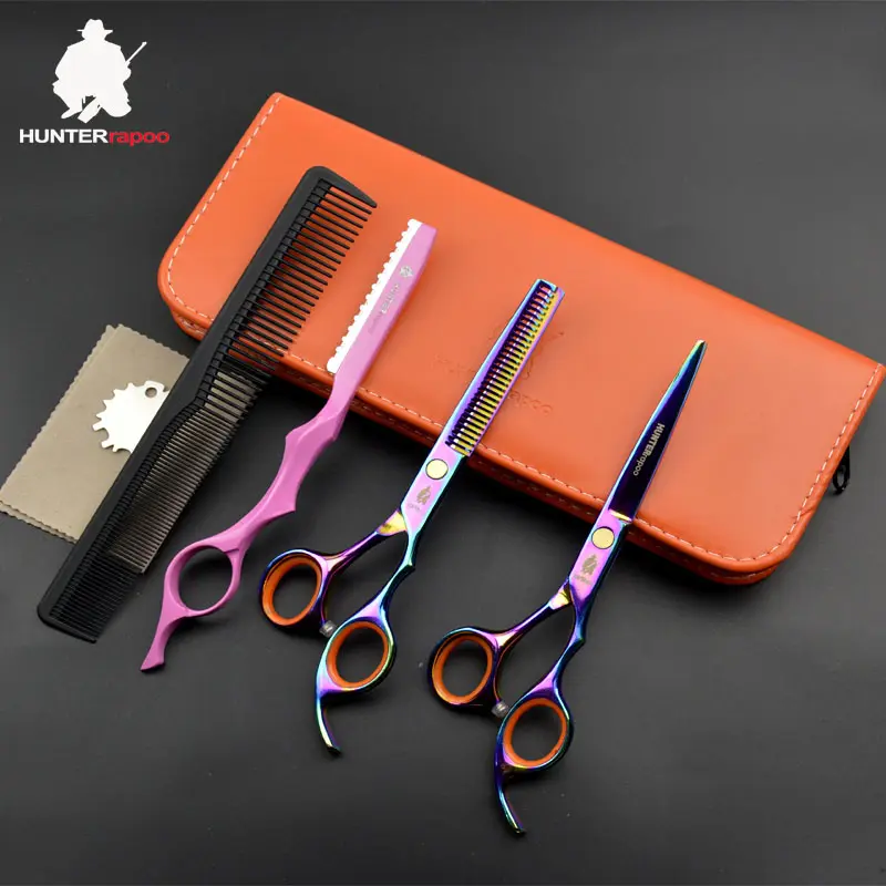 HUNTERrapoo 6 inch Rainbow Color hairdressing scissors set hair cutting scissor thinning shear for barber