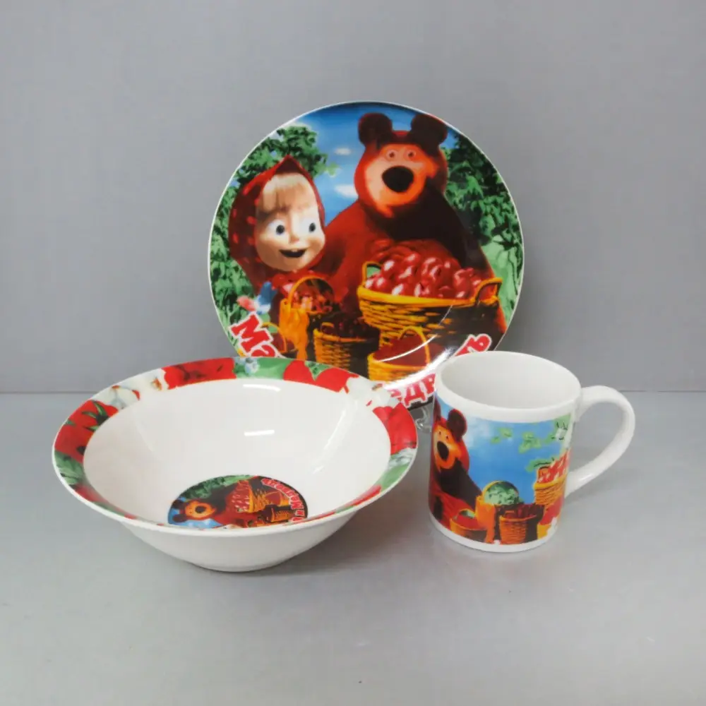 Décoration de noël approuvée 3 pièces ensemble de vaisselle en porcelaine de forme ronde avec Design de noël