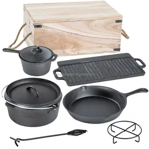 高品质户外野营烹饪套装 7 件重型铸铁野营炊具与复古携带储物盒