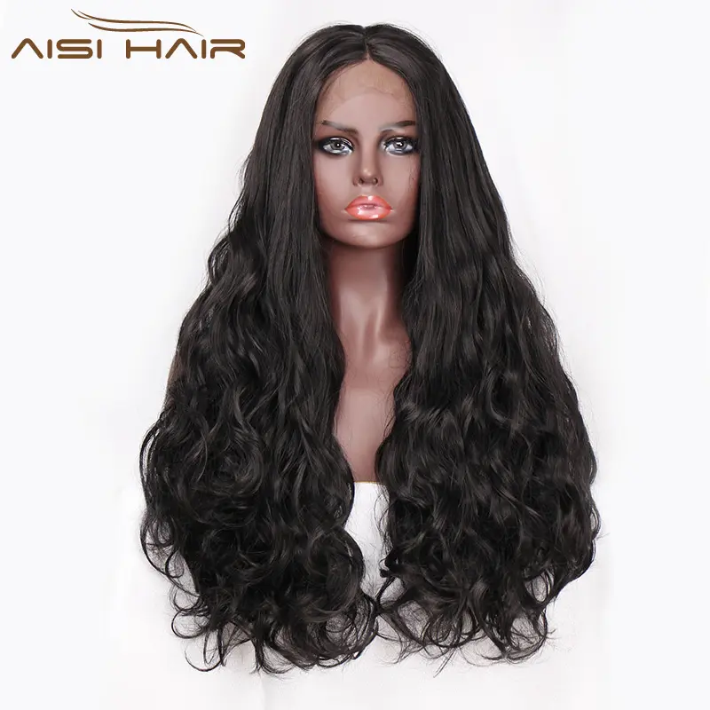 Aisi Hair Top Qualität Synthetische Long Wave Lace Front Perücken für schwarze Frauen Natural Black Glueless Perücke
