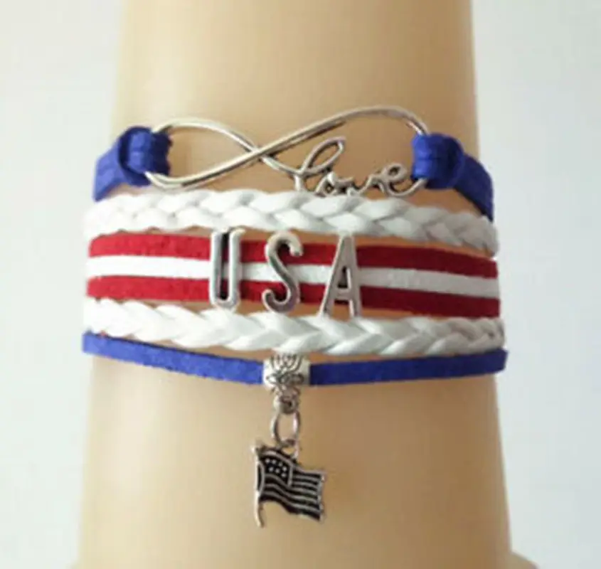 Infinity Love- USA Flag Charms European Leather Red/Blue/White Bracelet