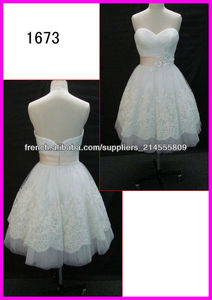 2014 guangzhou chaud vente bretelles genou réelle longueur tulle perles dentelle a-ligne/robe de mariée robe de mariée avec <span class=keywords><strong>ruba</strong></span> - Product Image 1