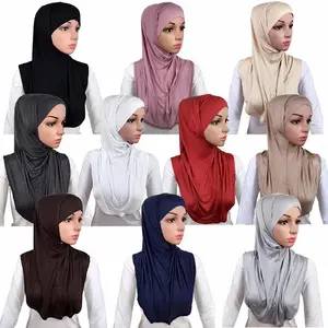 Eenvoudige Arabische Moslim Vlakte Kleur Twee Stukken Jersey Instant Hijab