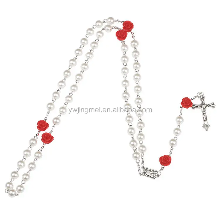 Collar religioso bonito rosario católico, perla de cristal con cuentas de rosas de Coral, oferta de Amazon