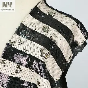 Nanyee Textile 5mm Line Black Beige Stripe Reversible Sequin Fabric