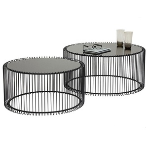 Nordic <strong>Small</strong> Metal Wire Copper Painting Nesting Round End Coffee <strong>Table</strong> with <strong>Glass</strong> Top Set - Product Image 4