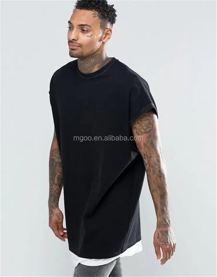 Plain Black Baggy Katoen Tee Super Oversized Mouwloos T-Shirt Mannen In Zware Jersey Met Contrast Hem