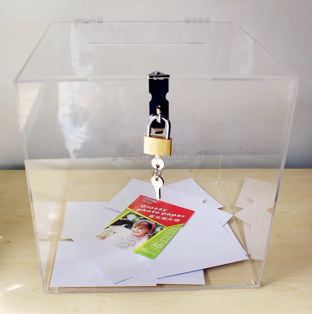 Transparant acryl vierkante afsluitbare donatie stembus