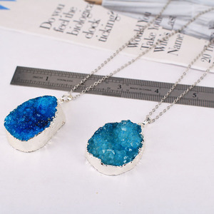 Kalung liontin Druzy Quartz biru mode NE2512 lapis perak dengan rantai Tautan - Product Image 1