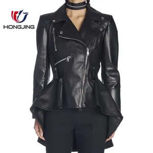 Blouson de motard en cuir d'agneau pour femmes, veste de motard avec péplum et ourlet asymétrique, fermeture éclaire avant, de festival