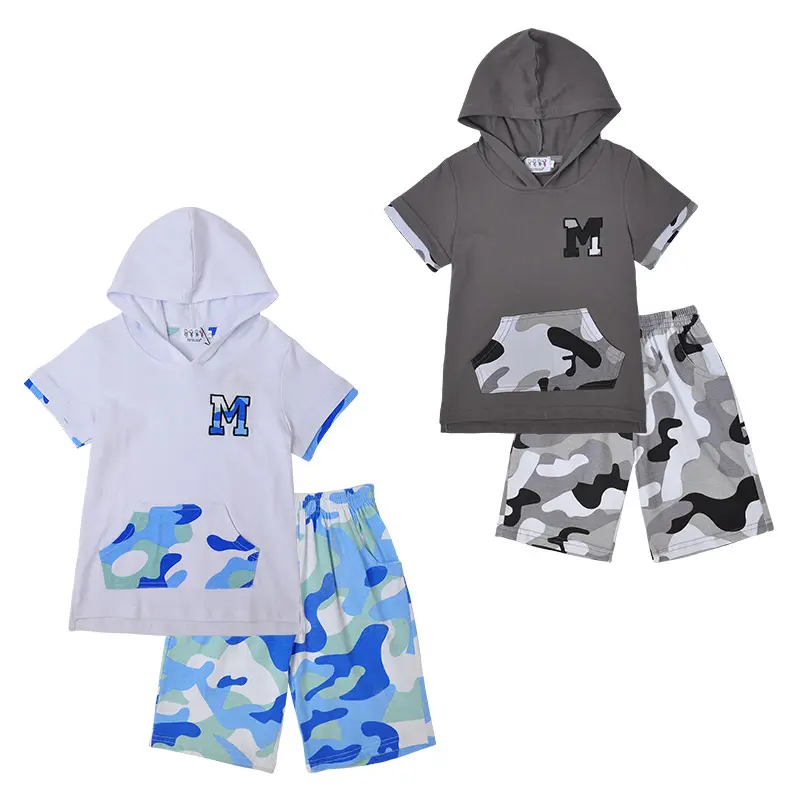 Summer Boys Hoodie T Shirt Set Kids Short Sleeve Outer Wear Children T shirts Suit Cotton Boys Clothing Sets