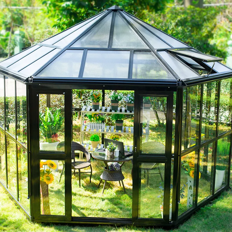 Chinesischer Luxus Fertighaus Sechseck Aluminium Garten Glas Pavillon Pavillon zu verkaufen