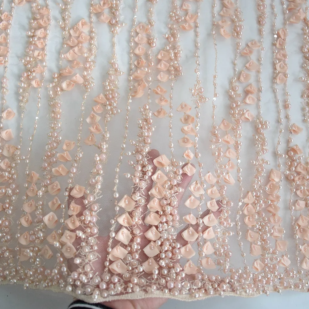 2018 Tuyệt Vời Hạt Bridal Tulle Ren Với Ngọc Trai Thủ Công Sequin Tulle Cô Dâu Hàn Quốc Ren Vải HY0713-4