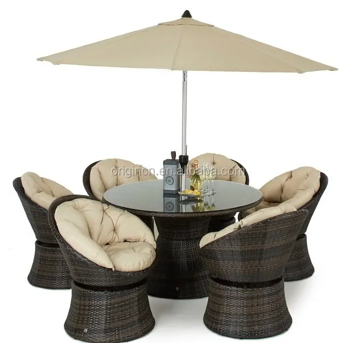 Giratória especial 6 seater mesa de jantar ao ar livre do guarda-chuva e papasan cadeira de vime ratan 2020 mobiliário moderno