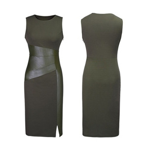 Donne O Neck Senza Maniche Elegante Sottile Aderente Vestito di Cuoio Del Faux Nero Della Matita Splice OL Vestito - Product Image 3