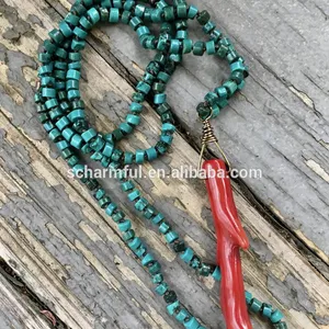 NS1931908 Boho Chic Turquoise Heishi with Coral Pendant Hand Knotted Bohemian Turquoise Necklace