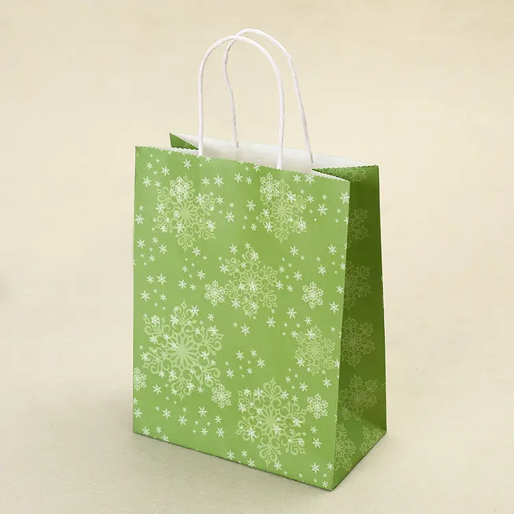 Green durable paper bag fancy snowflake high end kraft paper think paper gift bag