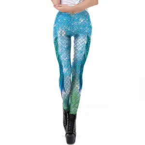 Womens Mermaid Leggings Shiny Fish Scale Printed Leggings Stretch Tight  Pants Costume