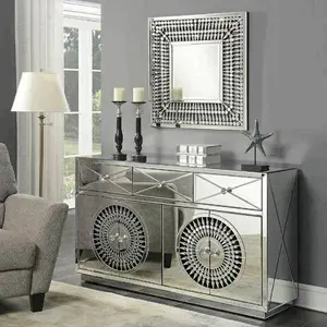 Stijlvolle Meubelen Crystal Mirrored Kast Set Brede Borst Dressoir Met Multidrawers En Vierkante Kristallen Muur Spiegel