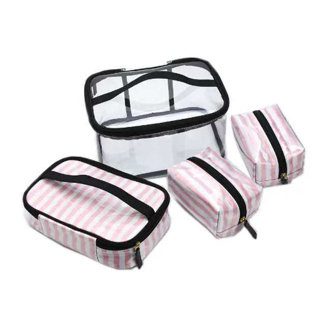 Factory Promotional Pink Striped Set of 4 Clear PVC Cosmetic Bag Pouch Coin Purse Makeup Toiletry Wash Bag